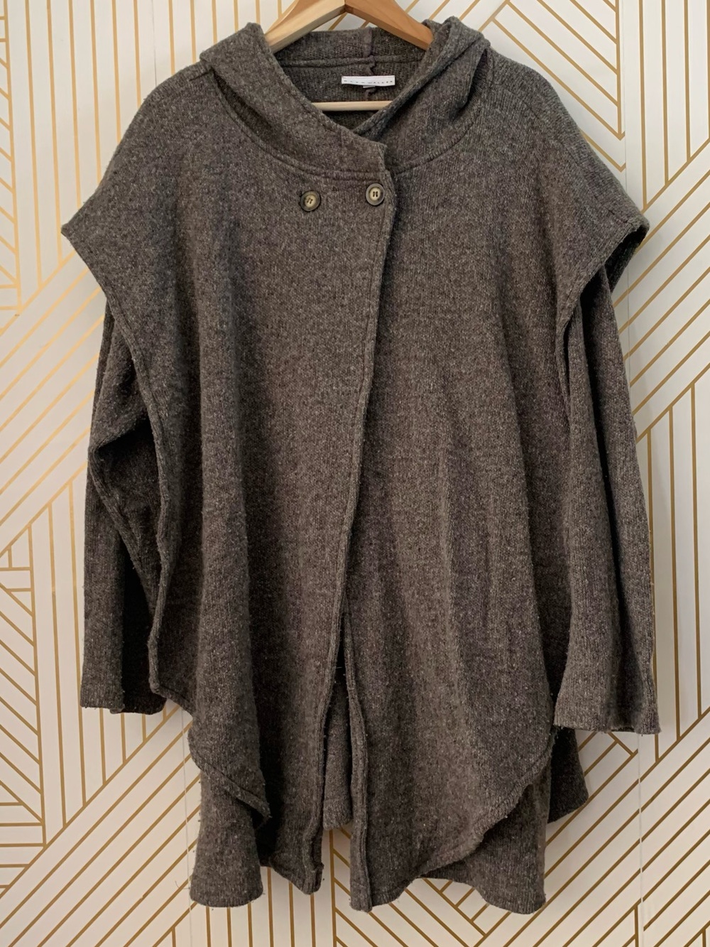 Bryn Walker Wool blend crossover oversized Brown button Cardigan Poncho hood M